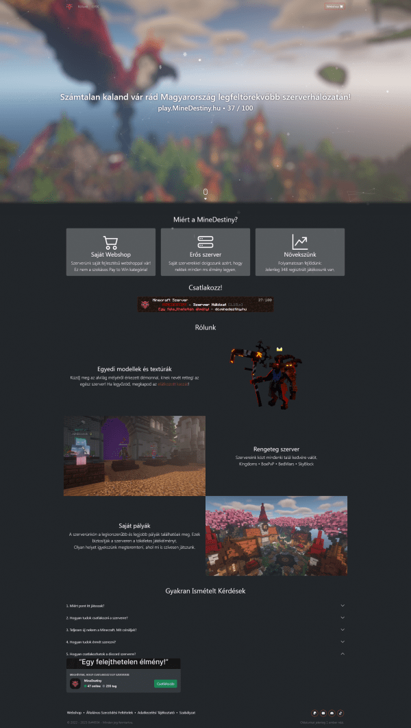 Screenshot of the page. Content in the picture: top hero section with live player numbers, server description, live server status, live server information, picture server information, FAQ.